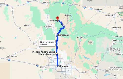 Map showing a route from Phoenix to Jerome, Arizona, passing through Arcosanti, with a travel time of 2 hours and 22 minutes.